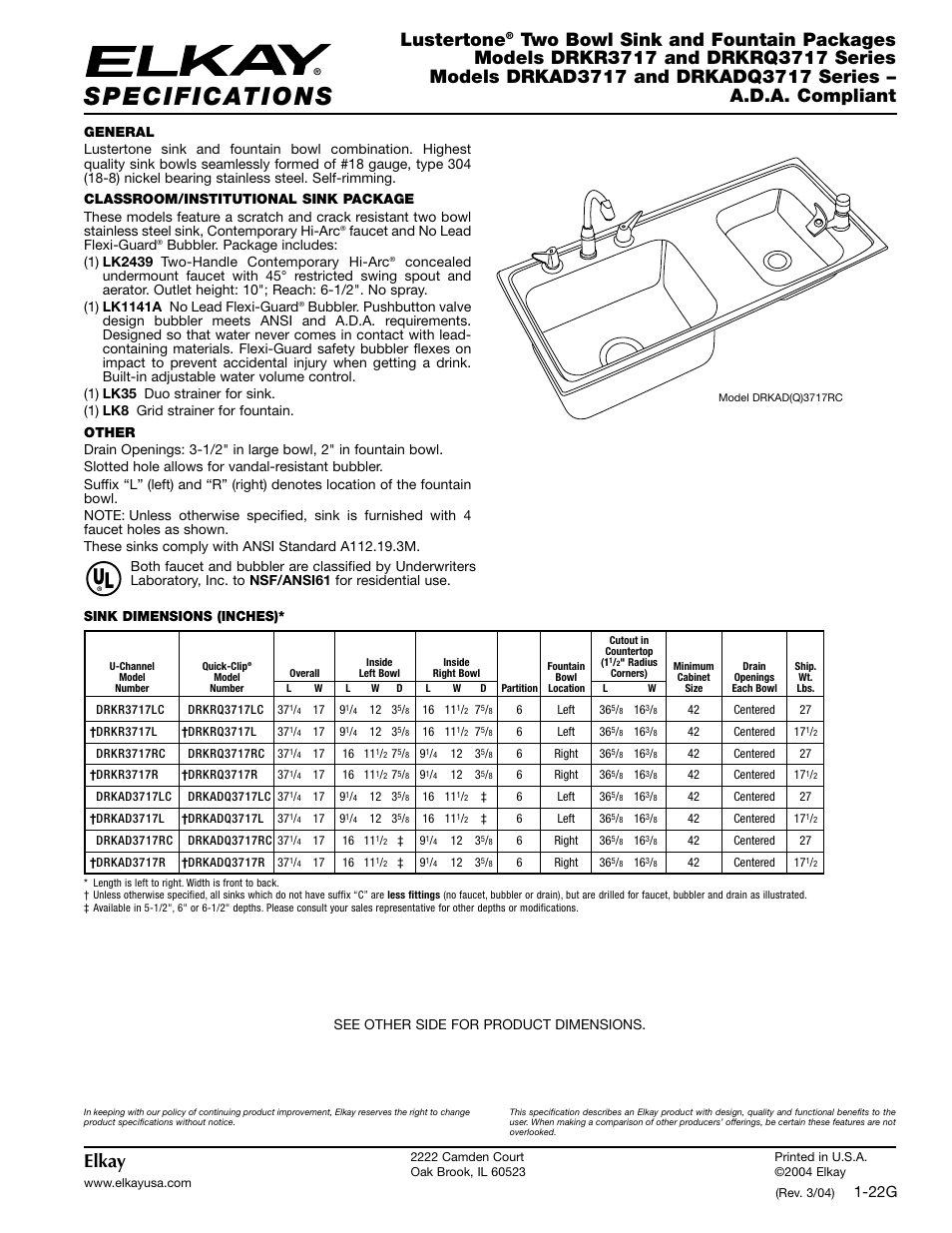 Elkay DRKAD3717R User Manual | 2 pages