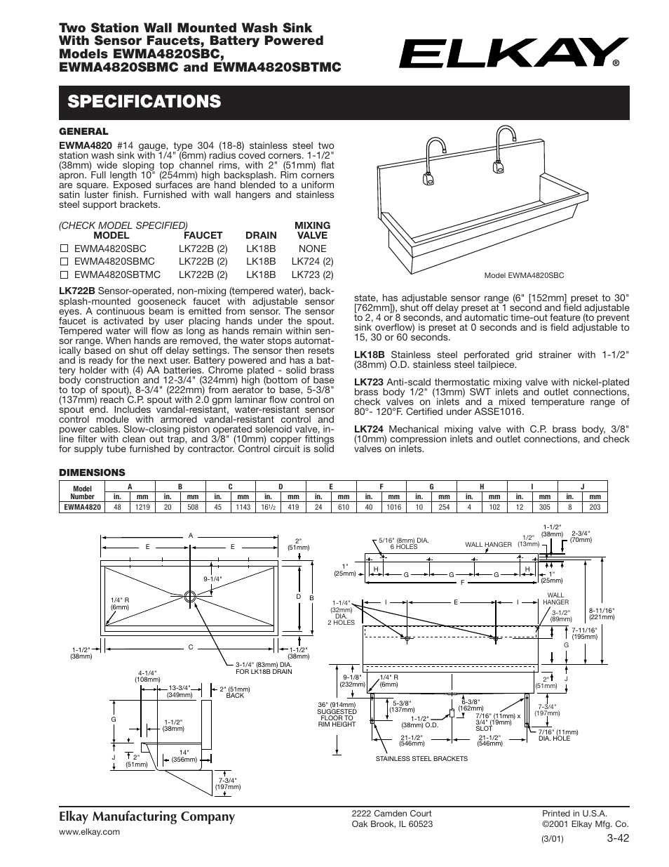 Elkay EWMA4820SBC User Manual | 2 pages