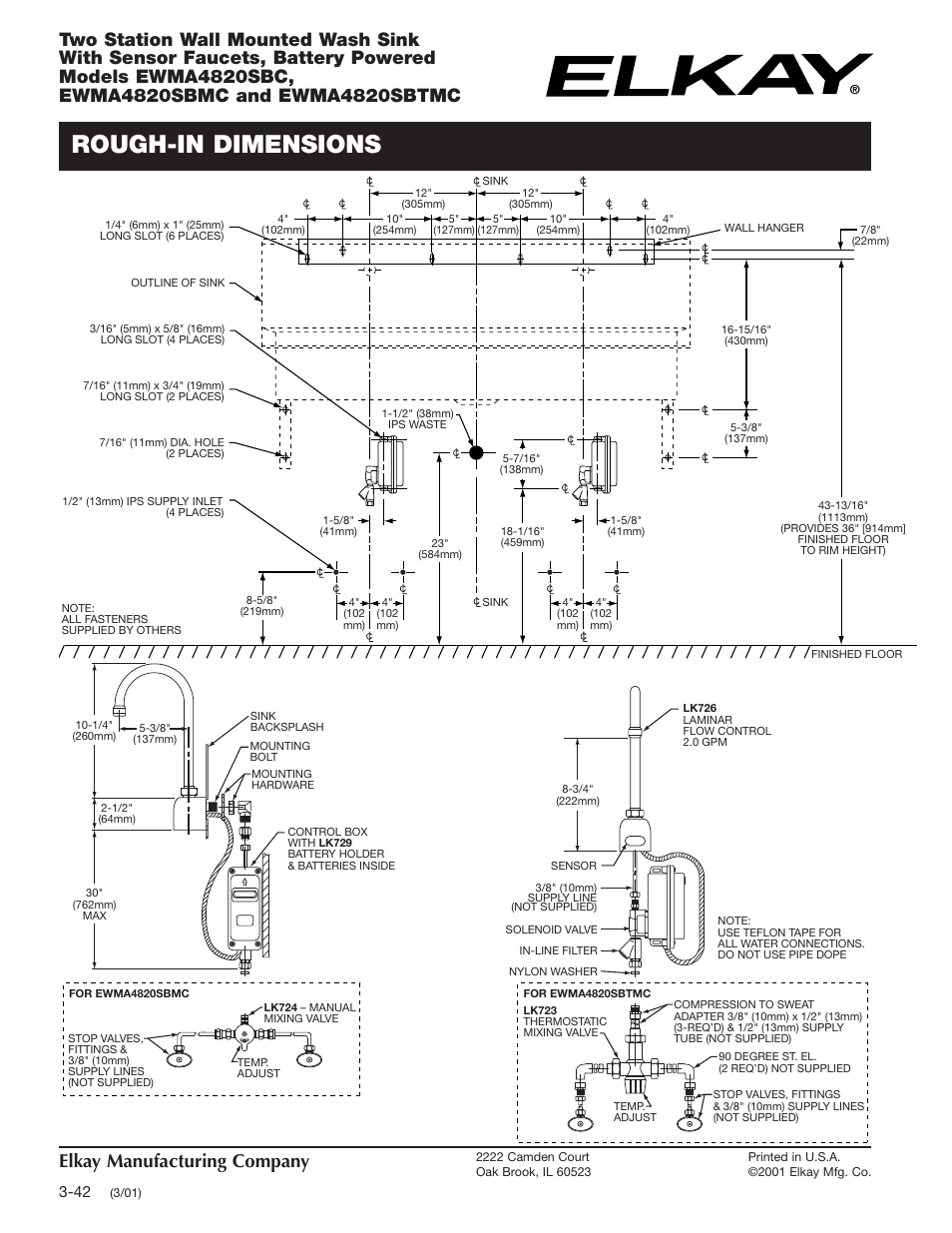 Rough-in dimensions, Elkay manufacturing company | Elkay EWMA4820SBC User Manual | Page 2 / 2