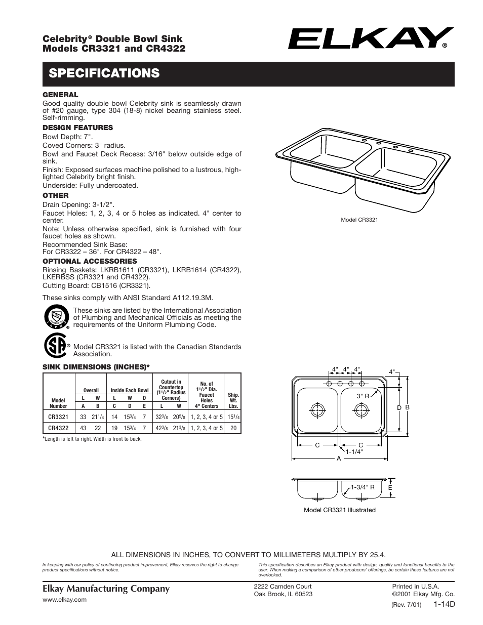 Elkay Celebrity CR3321 User Manual | 1 page