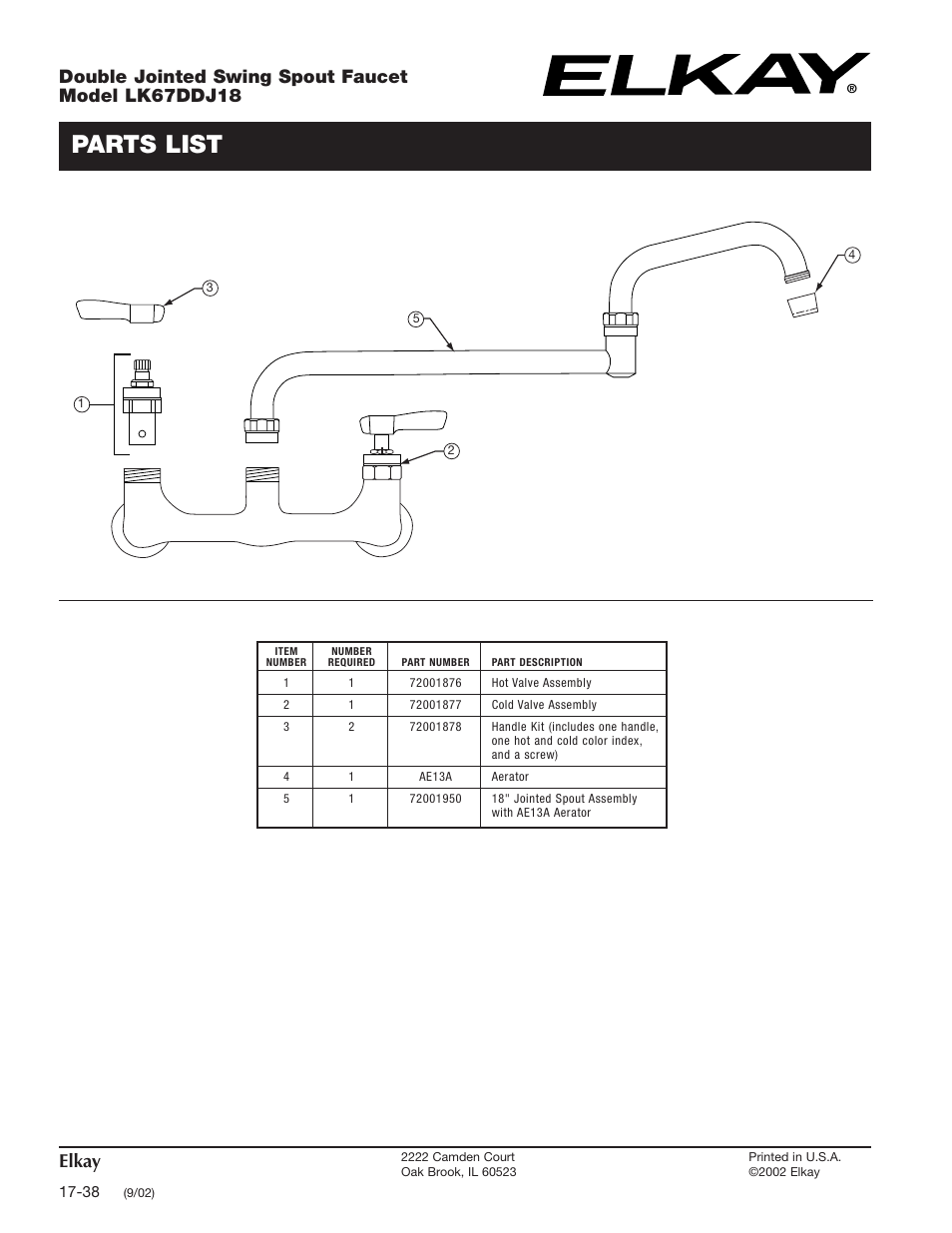 Parts list, Elkay, Double jointed swing spout faucet model lk67ddj18 | Elkay LK67DDJ18 User Manual | Page 2 / 2