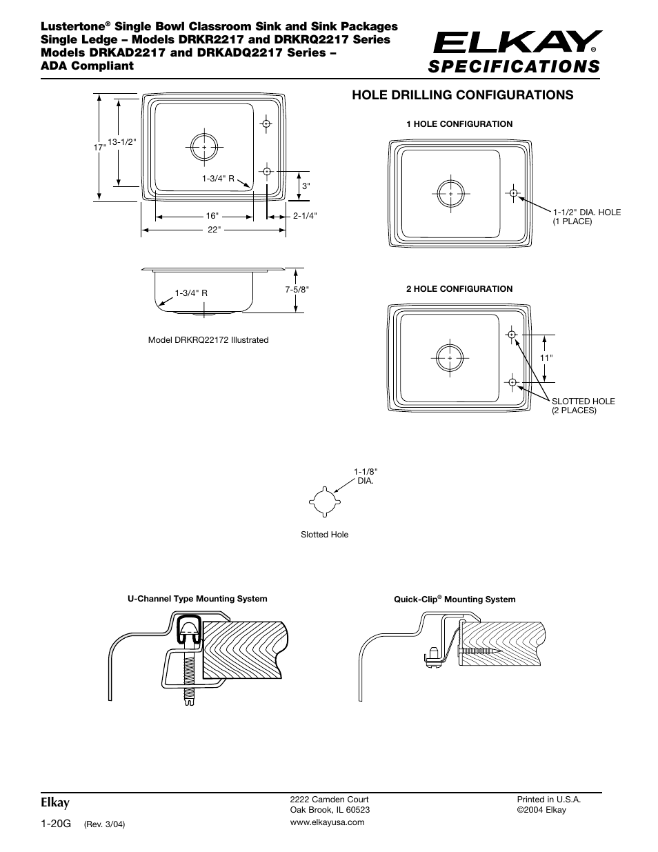 Hole drilling configurations, Elkay, Lustertone | Elkay DRKAD2217 User Manual | Page 2 / 2