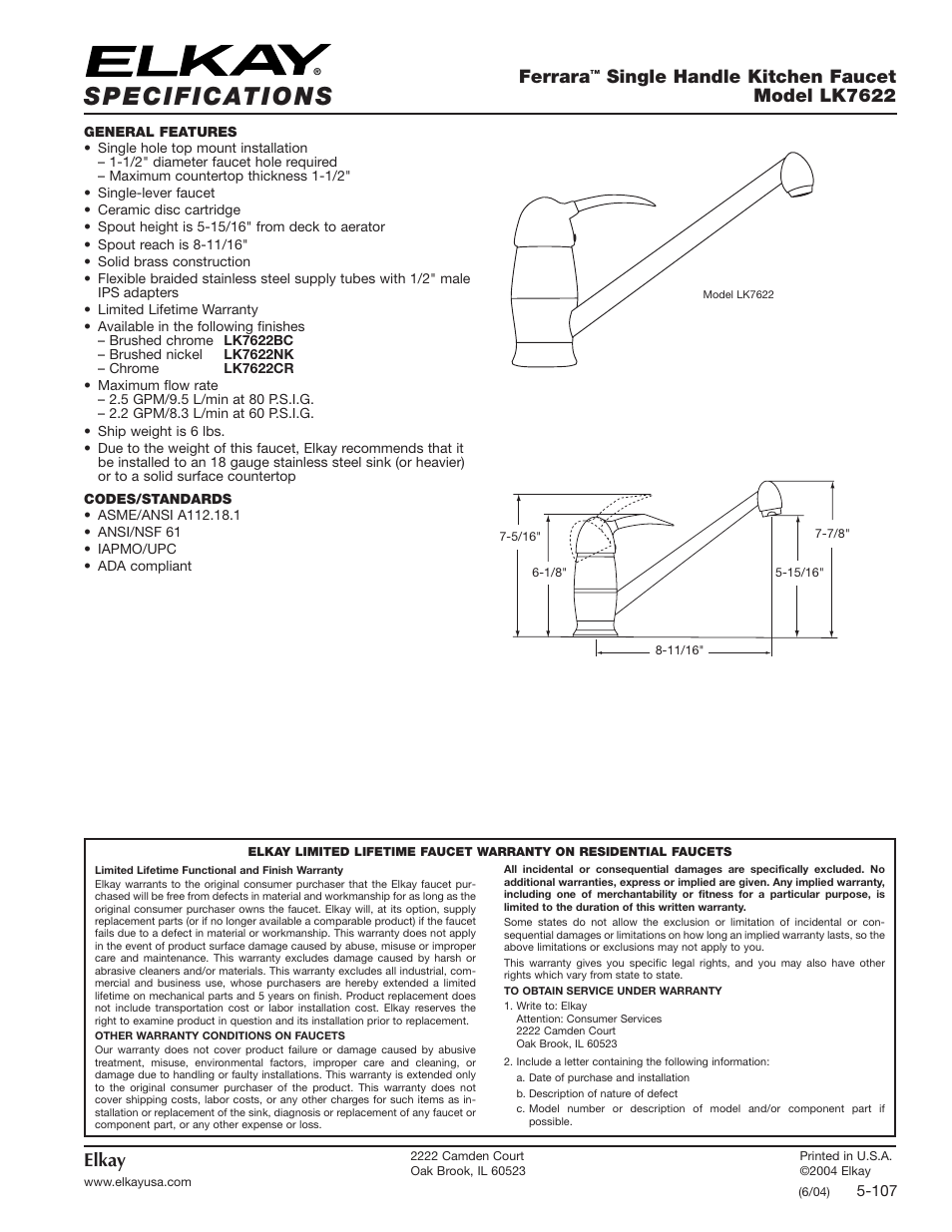 Elkay Ferrara LK7622 User Manual | 1 page