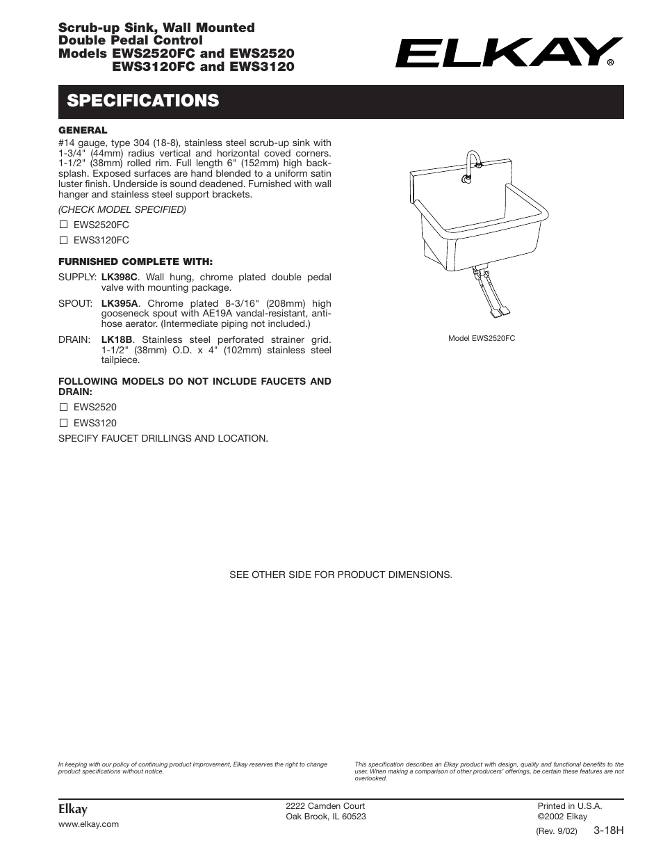 Elkay EWS2520FC User Manual | 2 pages