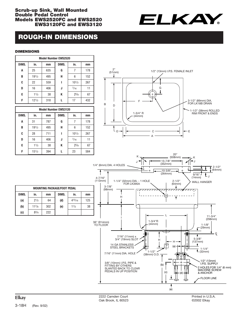 Rough-in dimensions, Elkay | Elkay EWS2520FC User Manual | Page 2 / 2