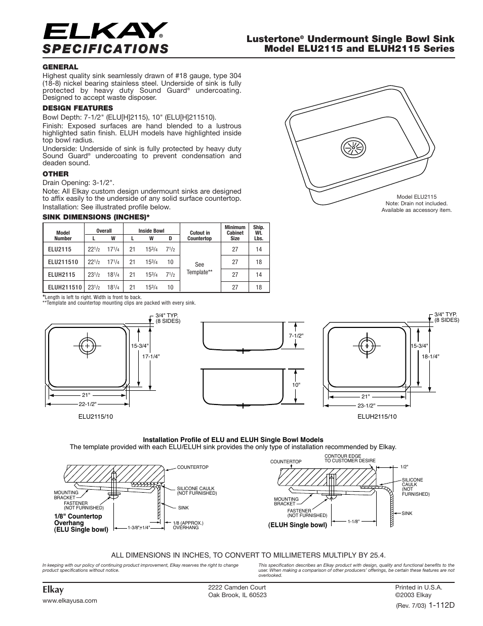 Elkay ELU2115 User Manual | 1 page