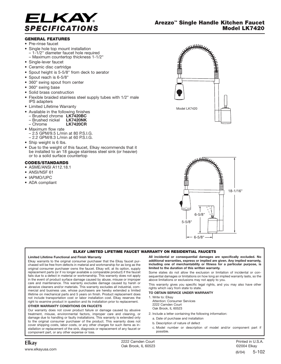 Elkay LK7420BC User Manual | 1 page