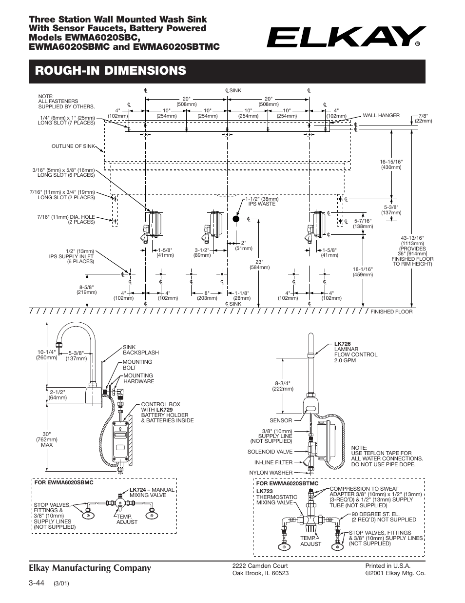 Rough-in dimensions, Elkay manufacturing company | Elkay EWMA6020SBC User Manual | Page 2 / 2