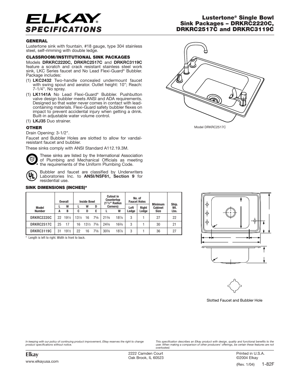 Elkay DRKRC3119C User Manual | 1 page