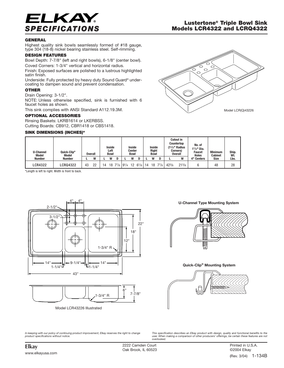 Elkay LCRQ4322 User Manual | 1 page