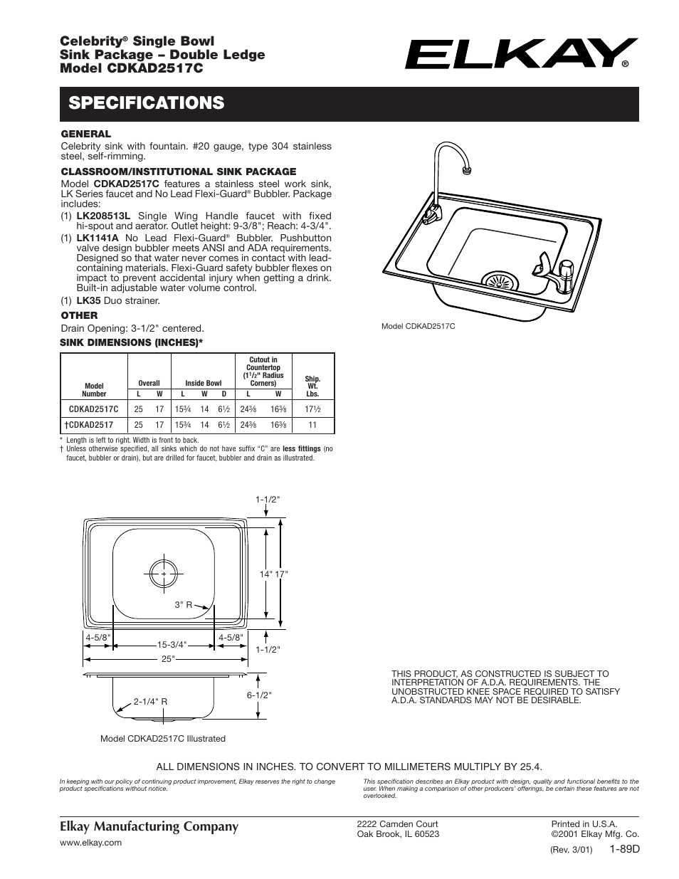 Elkay CDKAD2517C User Manual | 2 pages