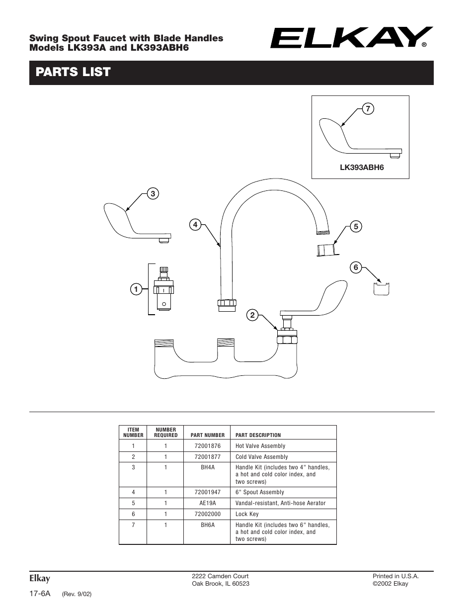 Parts list, Elkay | Elkay LK393ABH6 User Manual | Page 2 / 2