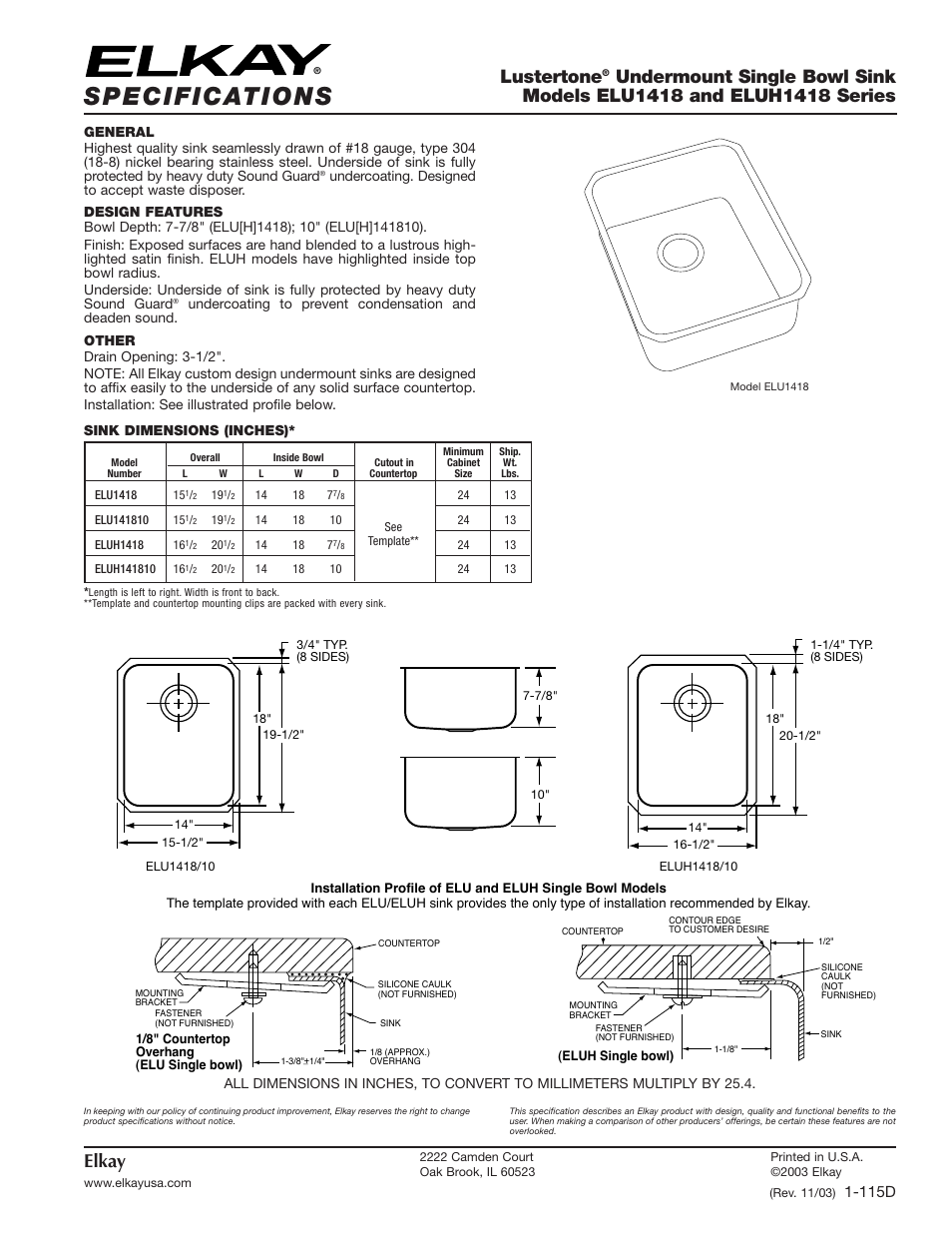Elkay ELU1418 User Manual | 1 page