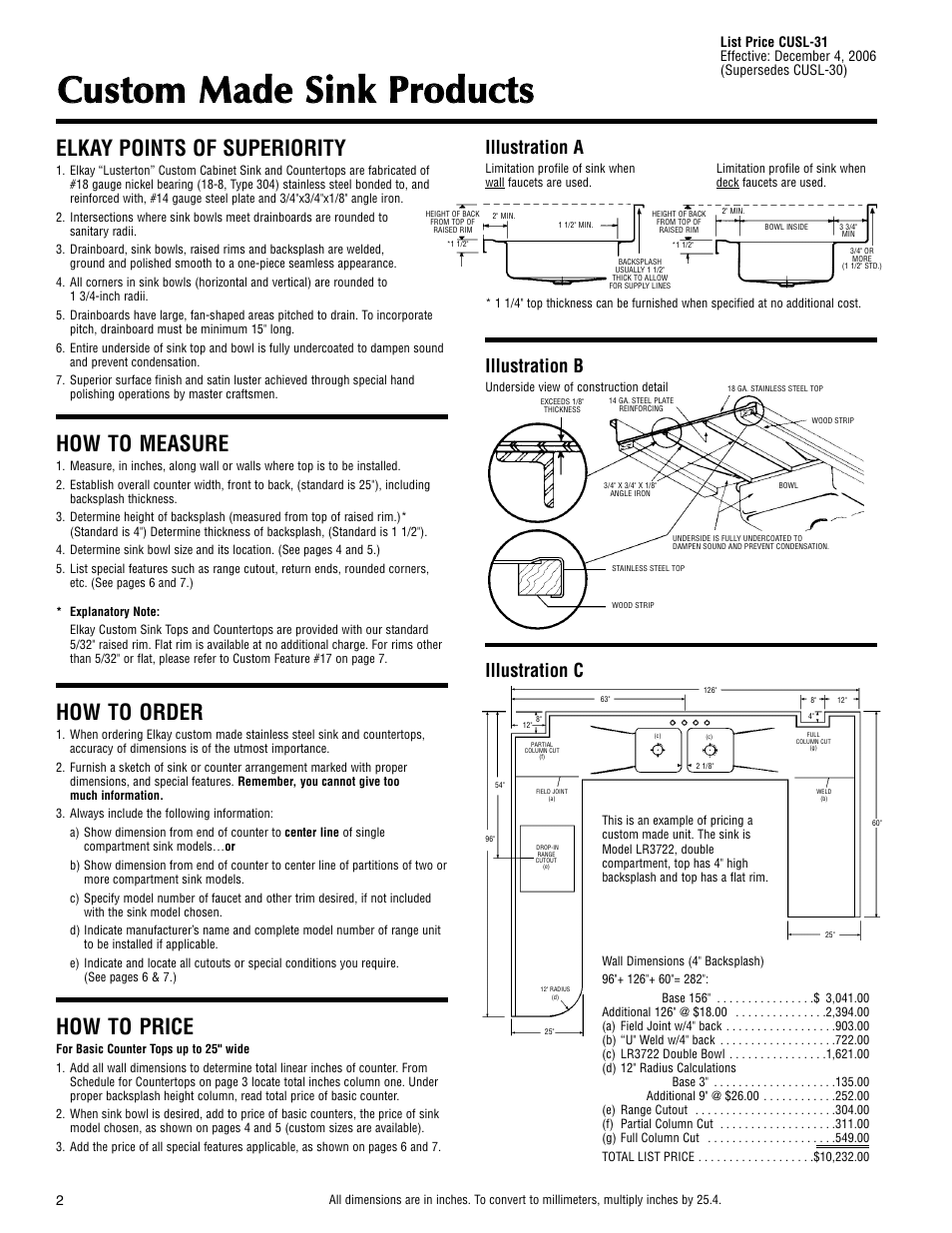 Elkay points of superiority, How to price, How to order | How to measure, Illustration a, Illustration b, Illustration c | Elkay CUSL-31 User Manual | Page 2 / 8