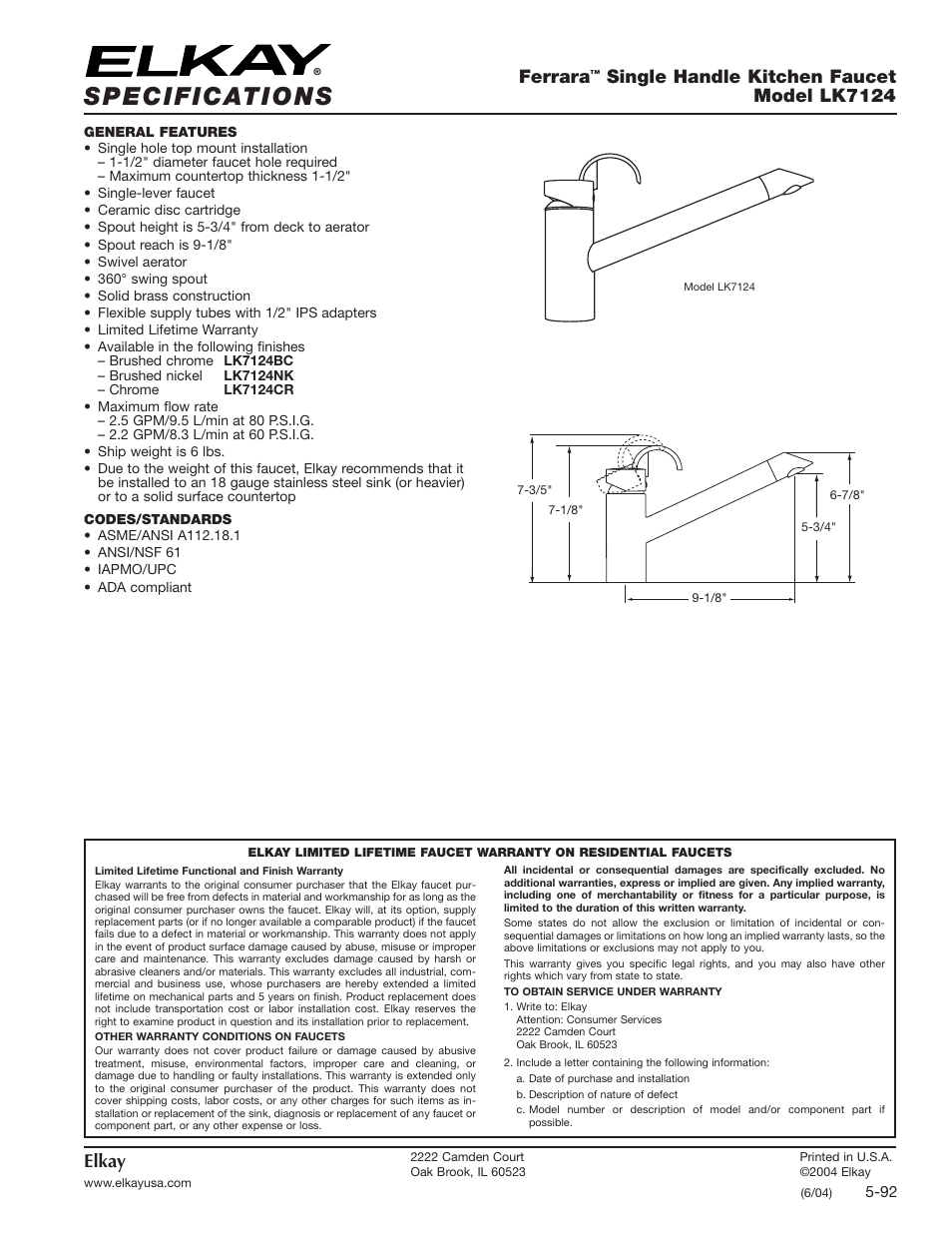 Elkay LK7124 User Manual | 1 page