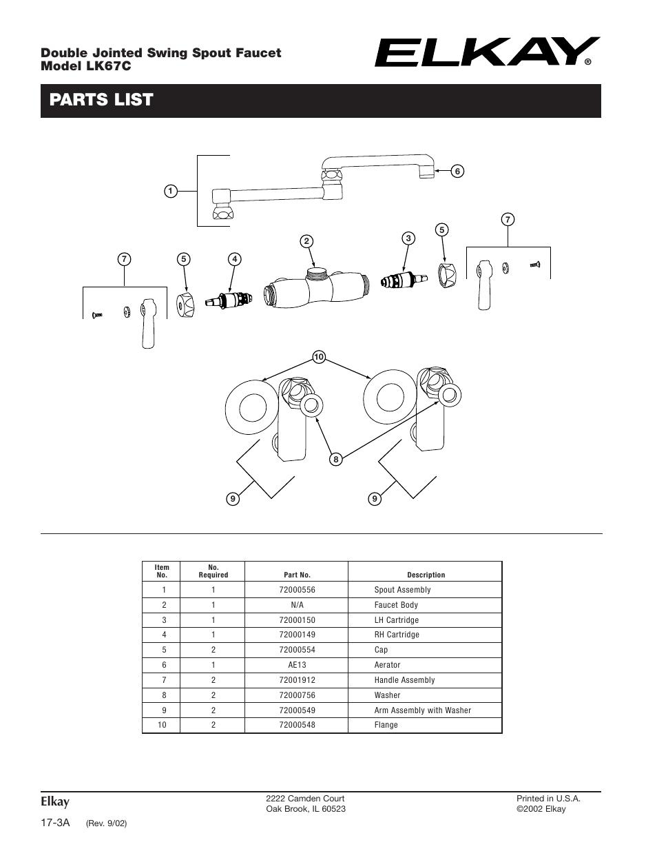 Parts list, Elkay, Double jointed swing spout faucet model lk67c | Elkay LK67C User Manual | Page 2 / 2