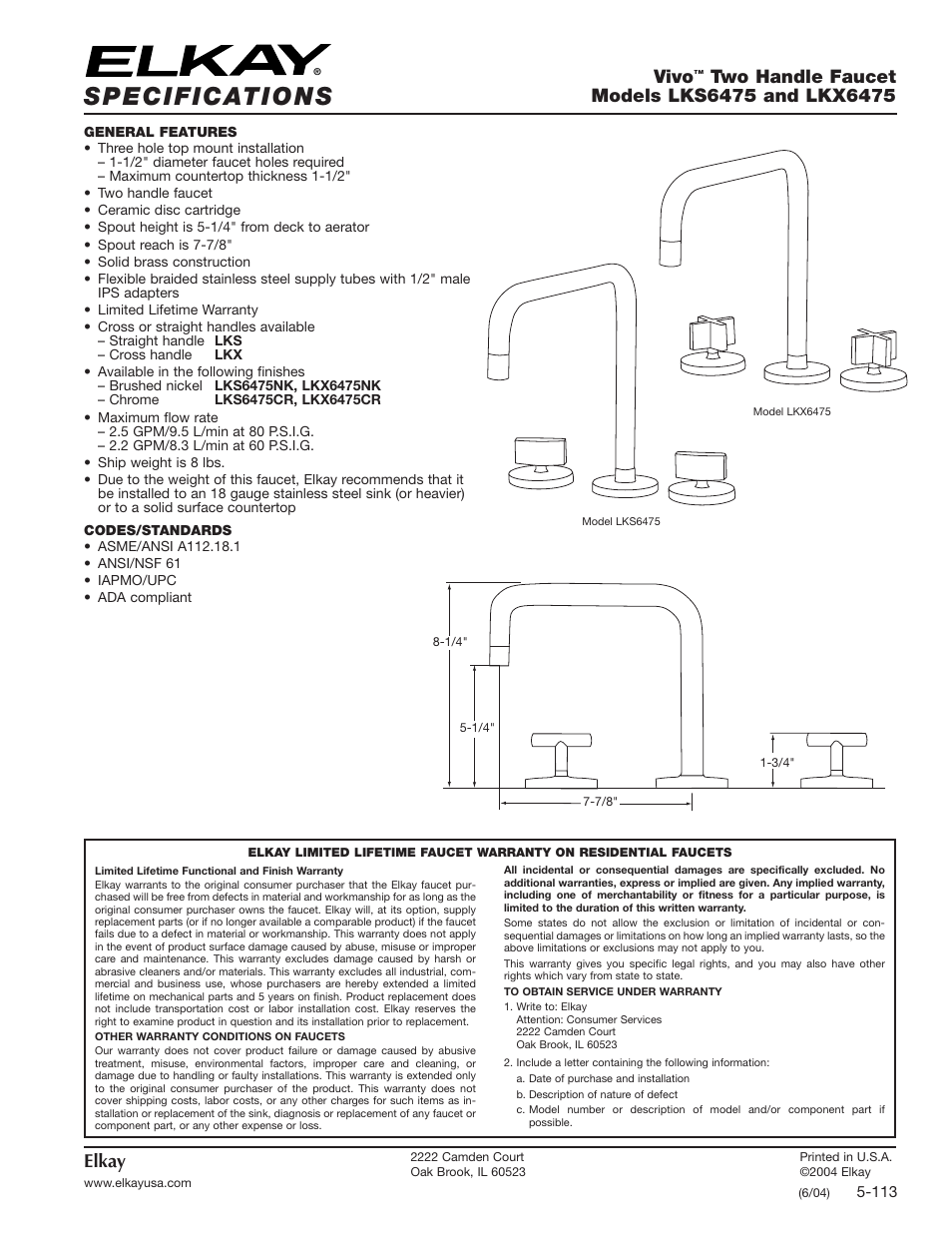 Elkay Vivo LKS6475CR User Manual | 1 page
