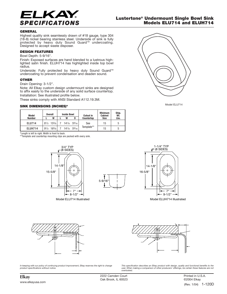 Elkay ELU714 User Manual | 1 page