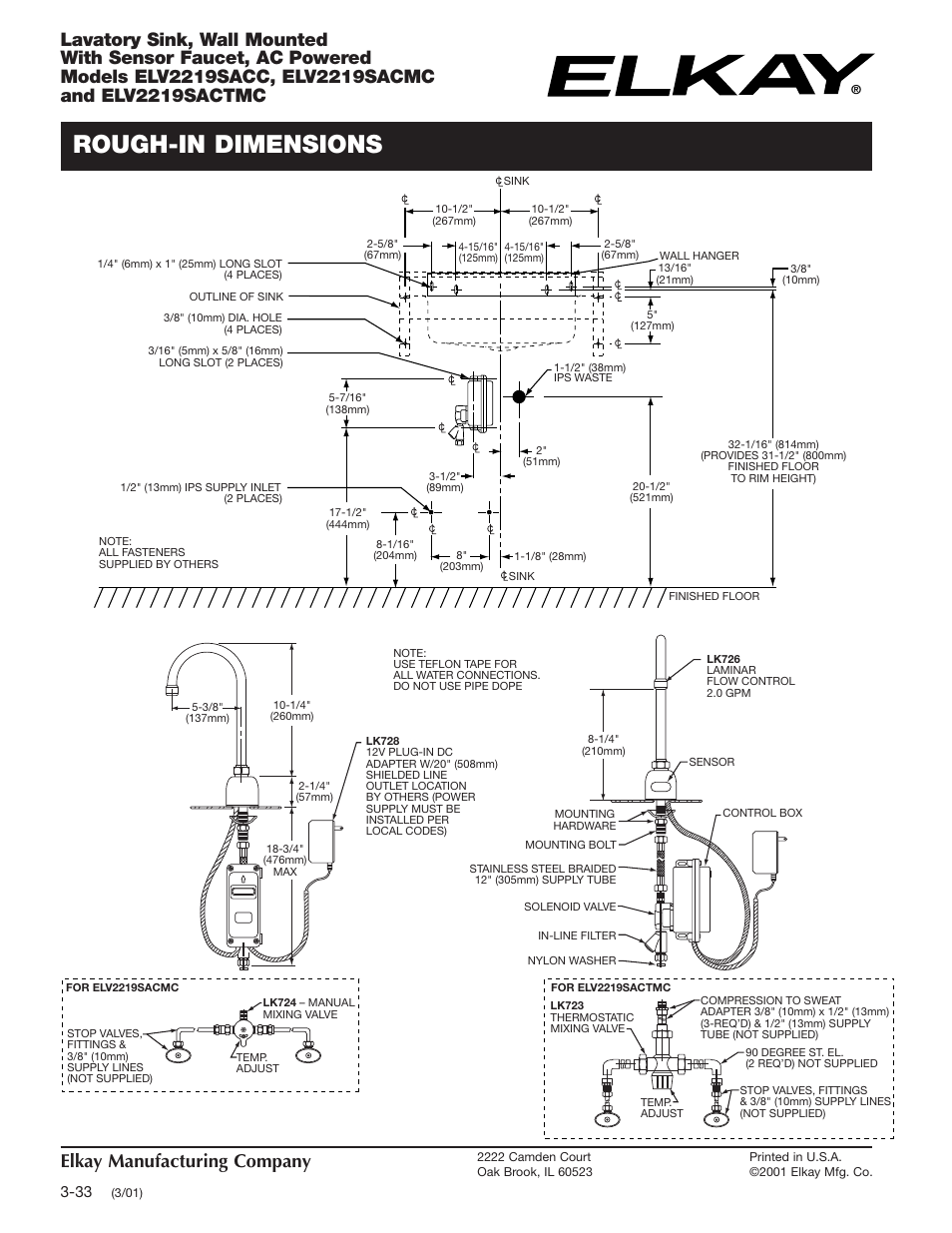 Rough-in dimensions, Elkay manufacturing company | Elkay ELV2219SACC User Manual | Page 2 / 2