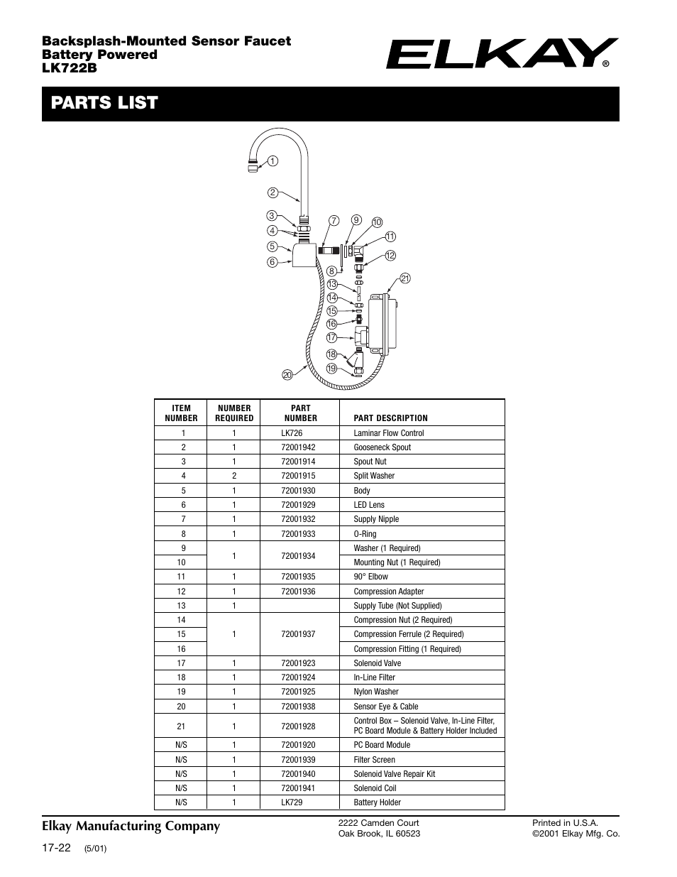 Parts list, Elkay manufacturing company | Elkay LK722B User Manual | Page 2 / 2