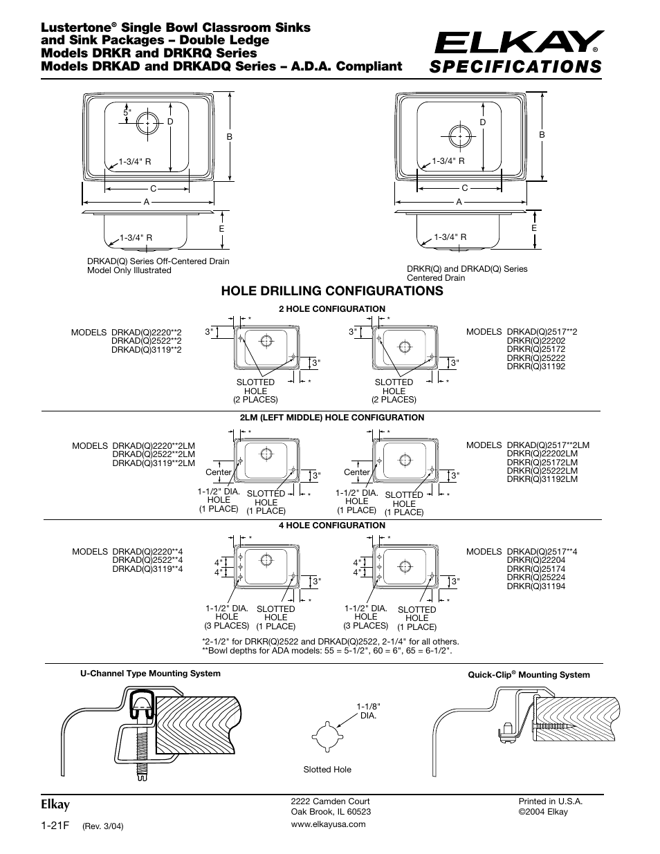 Elkay, Lustertone, Hole drilling configurations | Elkay DRKRQ Series User Manual | Page 2 / 2