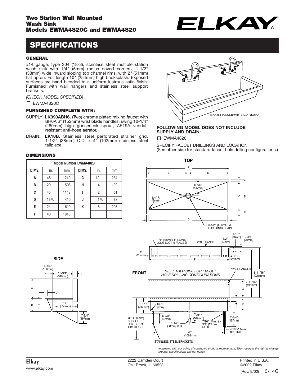 Elkay EWMA4820C User Manual | 2 pages