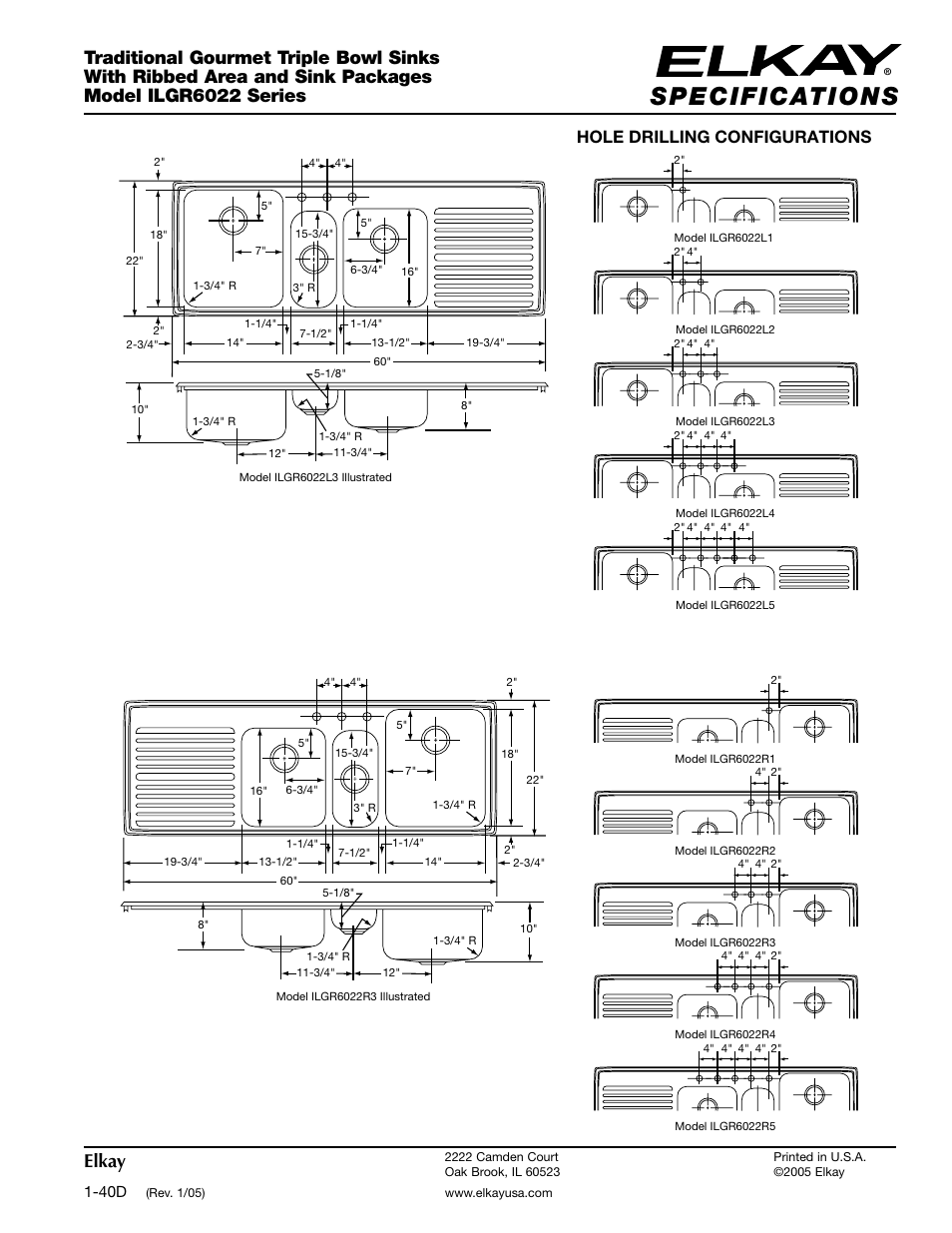 Elkay, Hole drilling configurations | Elkay ILGR6022 Series User Manual | Page 2 / 2
