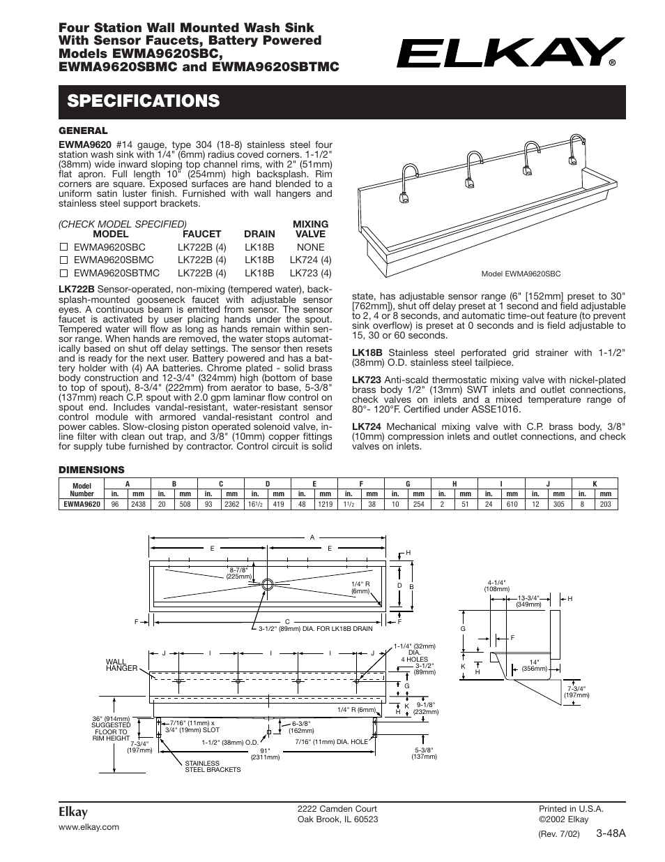 Elkay EWMA9620SBC User Manual | 2 pages