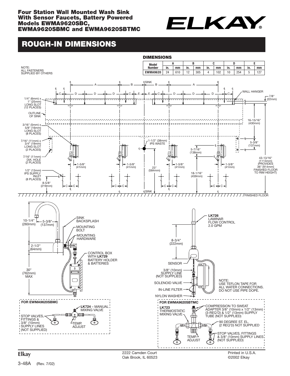 Rough-in dimensions, Elkay, Dimensions | Elkay EWMA9620SBC User Manual | Page 2 / 2