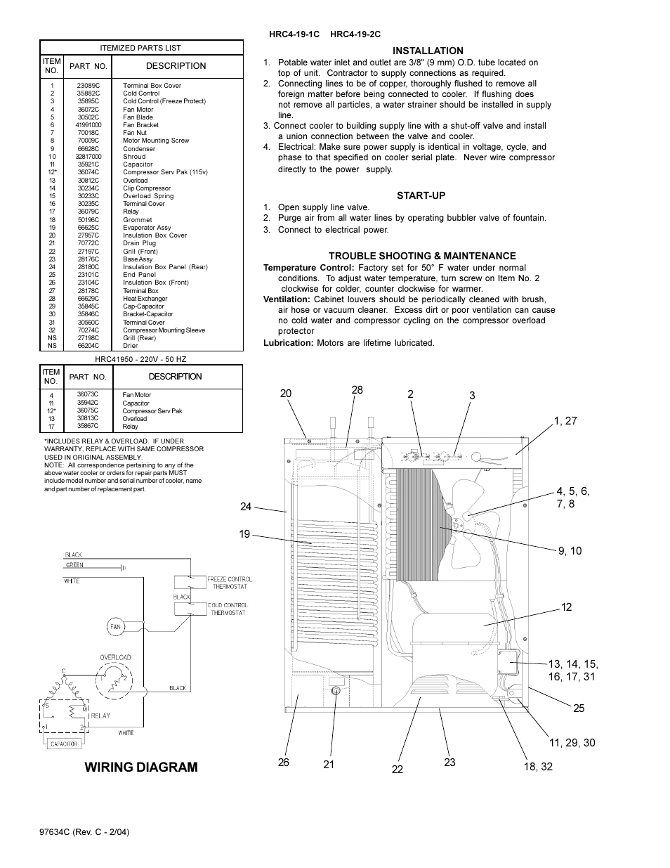 Wiring diagram, Installation, Start-up | Trouble shooting & maintenance | Elkay HRC4-19-1C User Manual | Page 2 / 2