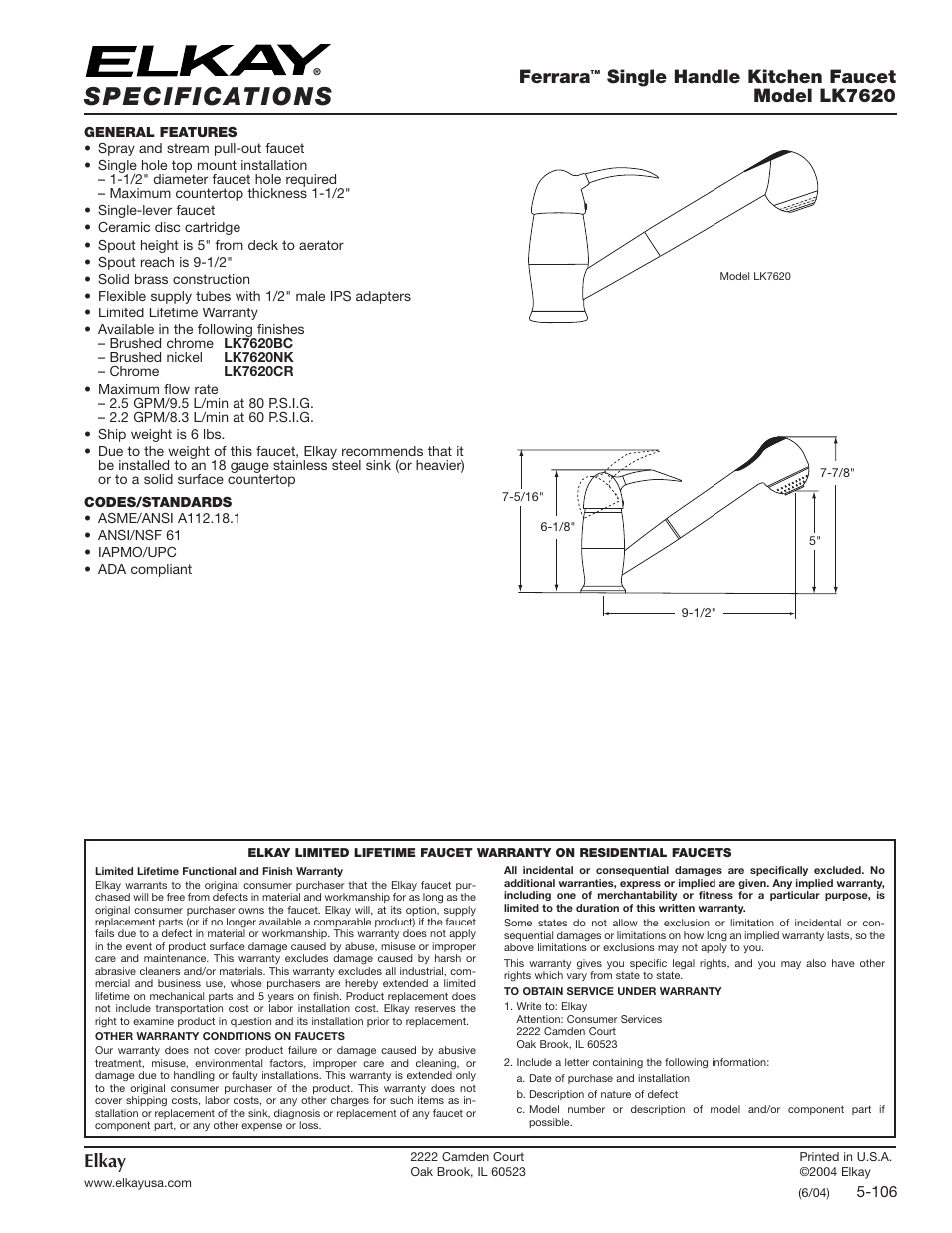 Elkay LK7620BC User Manual | 1 page