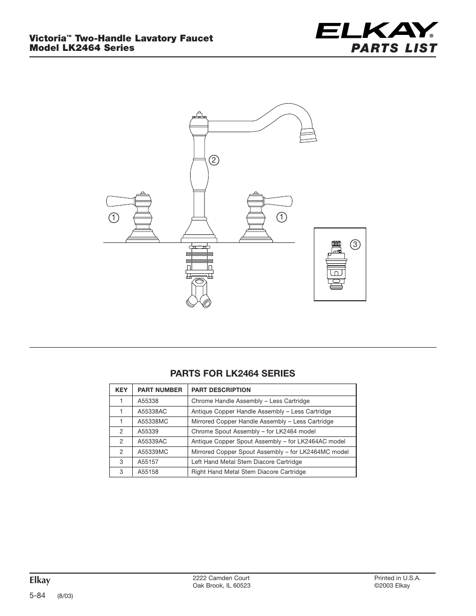 Elkay, Parts for lk2464 series victoria, Two-handle lavatory faucet model lk2464 series | Elkay LK2464 User Manual | Page 2 / 2