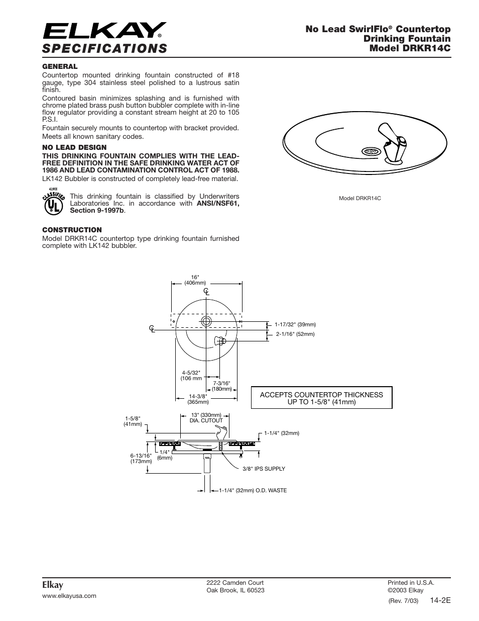 Elkay DRKR14C User Manual | 2 pages