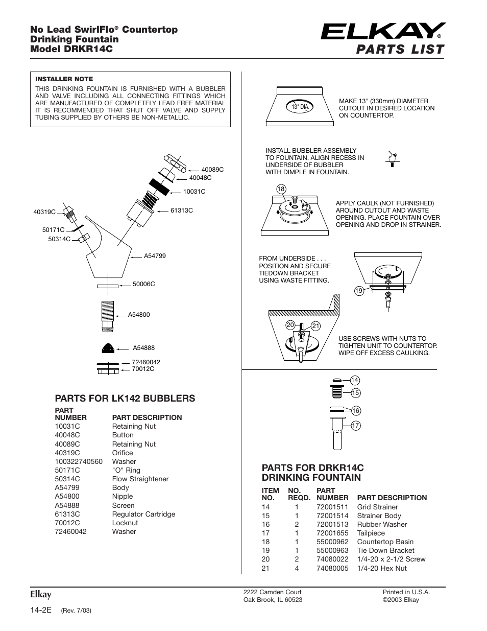 Parts list, Parts for lk142 bubblers, Parts for drkr14c drinking fountain | Elkay, No lead swirlflo, Countertop drinking fountain model drkr14c | Elkay DRKR14C User Manual | Page 2 / 2