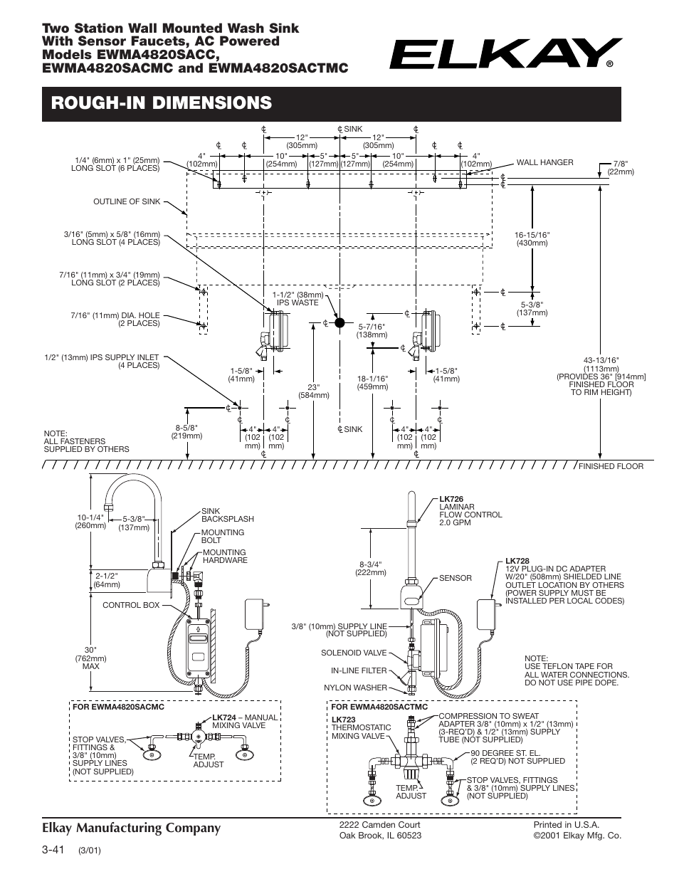 Rough-in dimensions, Elkay manufacturing company | Elkay EWMA4820SACMC User Manual | Page 2 / 2