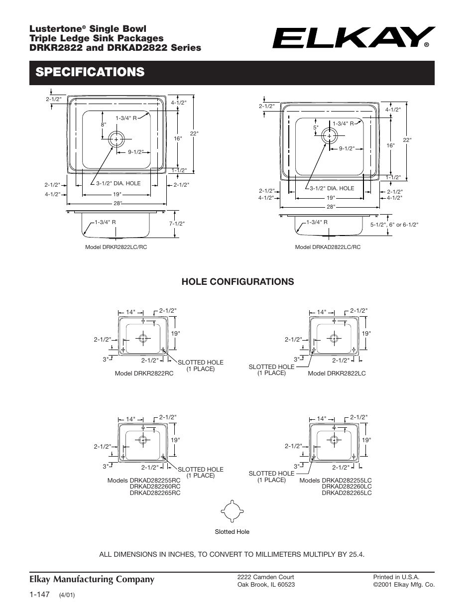 Specifications, Elkay manufacturing company, Lustertone | Elkay DRKR2822 User Manual | Page 2 / 2