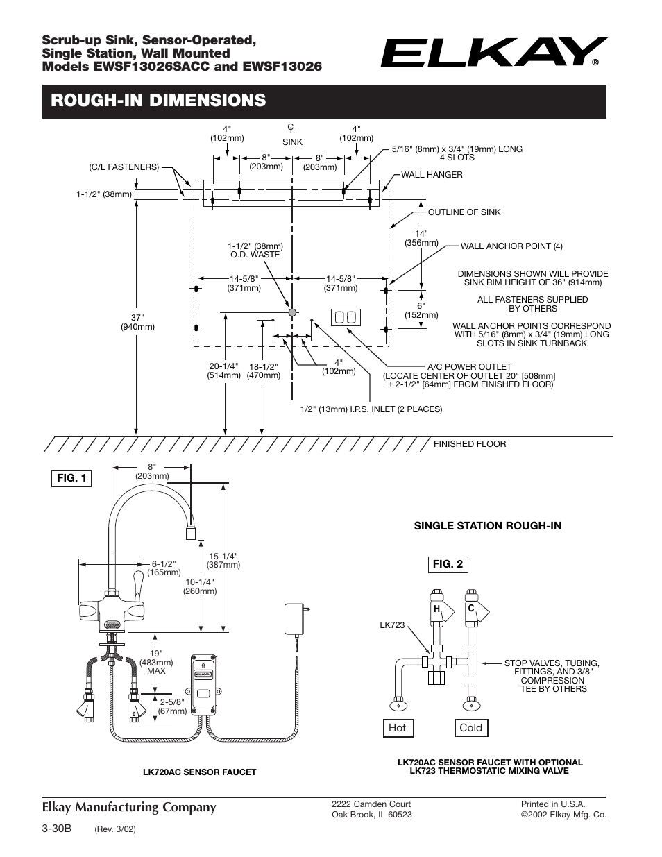 Rough-in dimensions, Elkay manufacturing company | Elkay EWSF13026SACC User Manual | Page 2 / 2