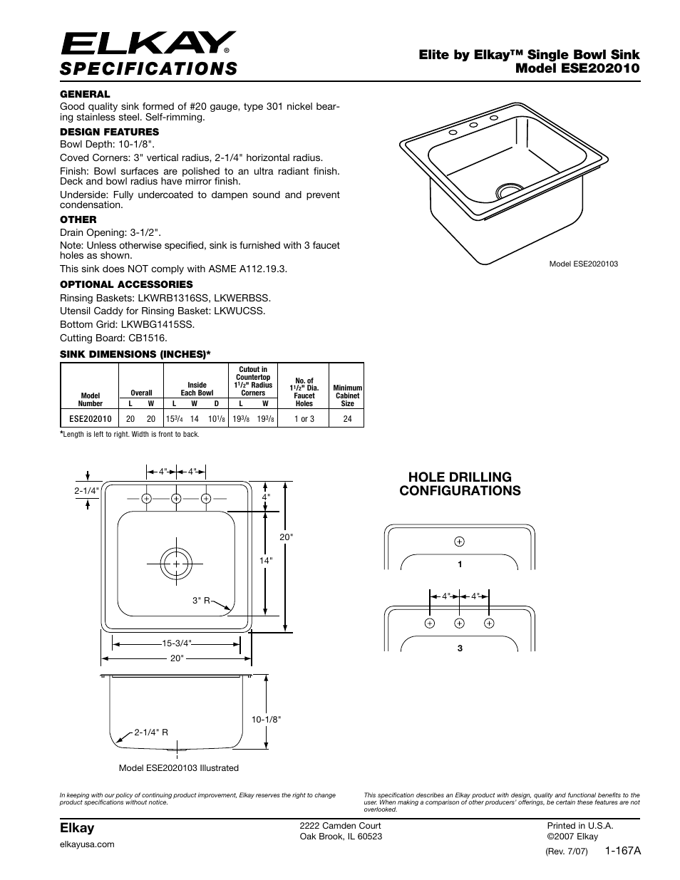 Elkay Elite ESE202010 User Manual | 1 page