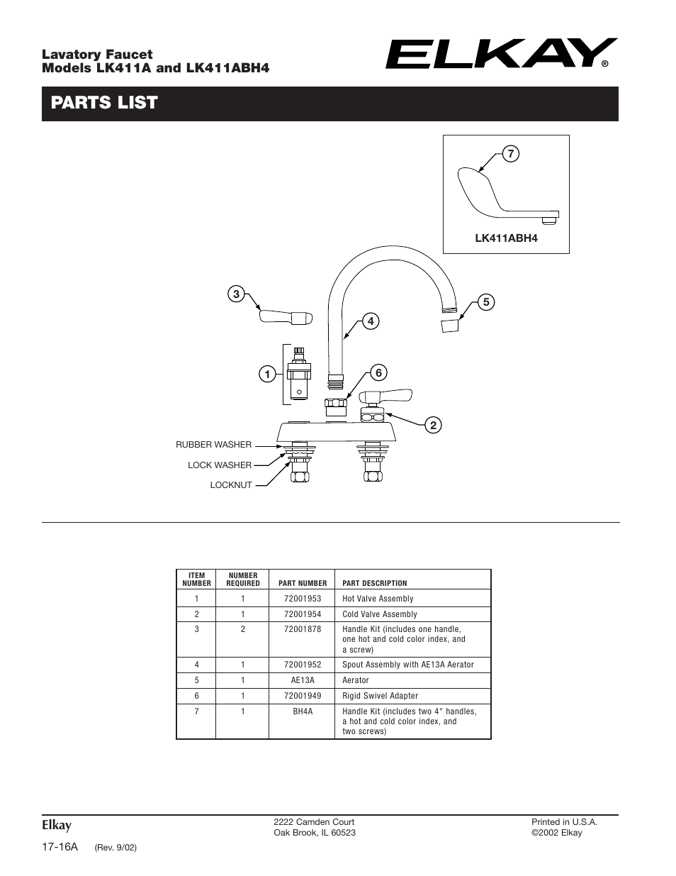 Parts list, Elkay | Elkay LK411A User Manual | Page 2 / 2