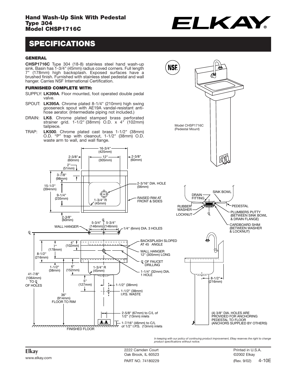 Elkay CHSP1716C User Manual | 1 page