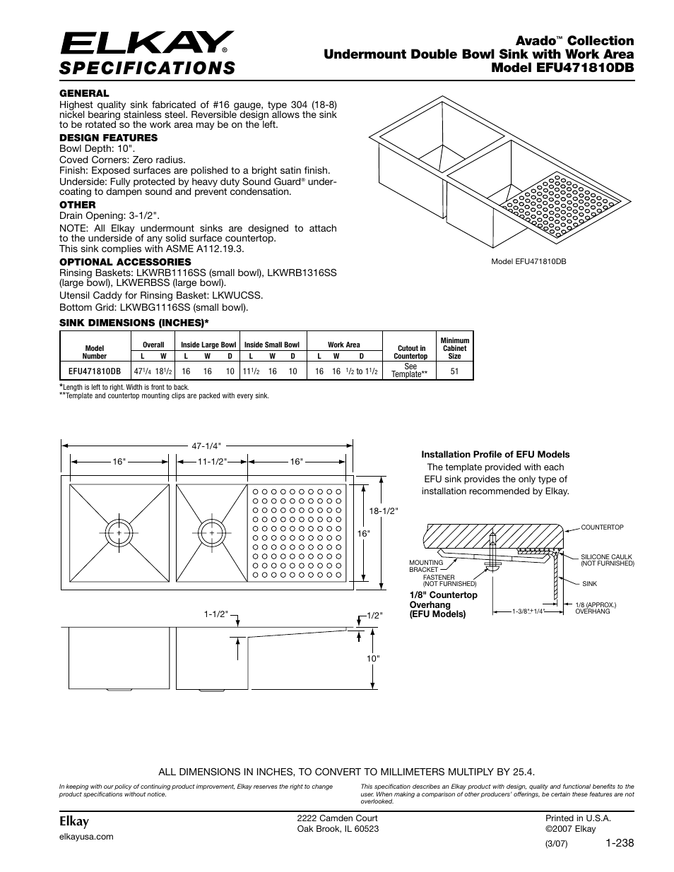 Elkay Avado EFU471810DB User Manual | 1 page