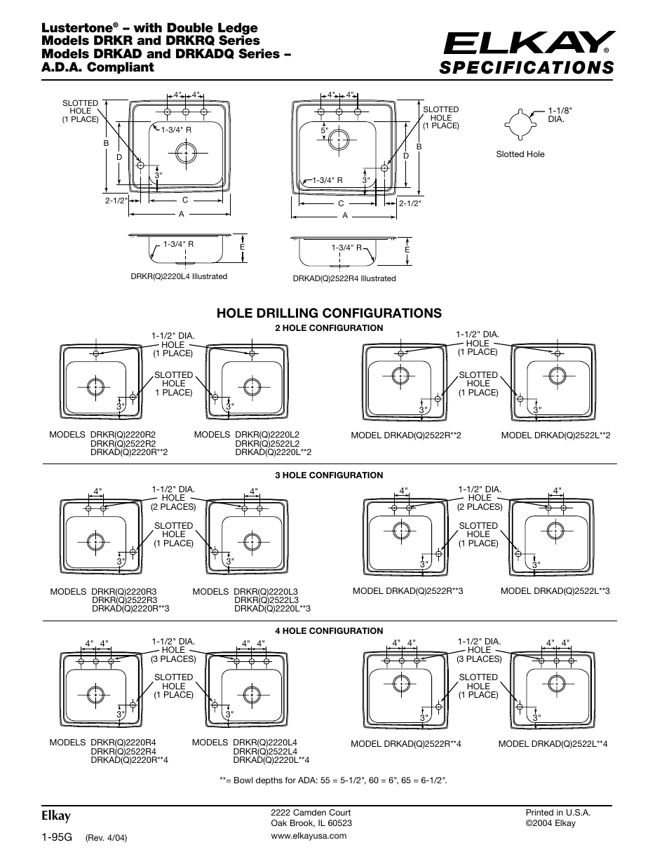 Elkay, Lustertone, Hole drilling configurations | Elkay DRKAD User Manual | Page 2 / 2