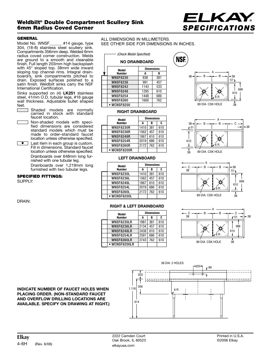 Specifications, Weldbilt, Elkay | Elkay WNSF8230 User Manual | Page 2 / 2