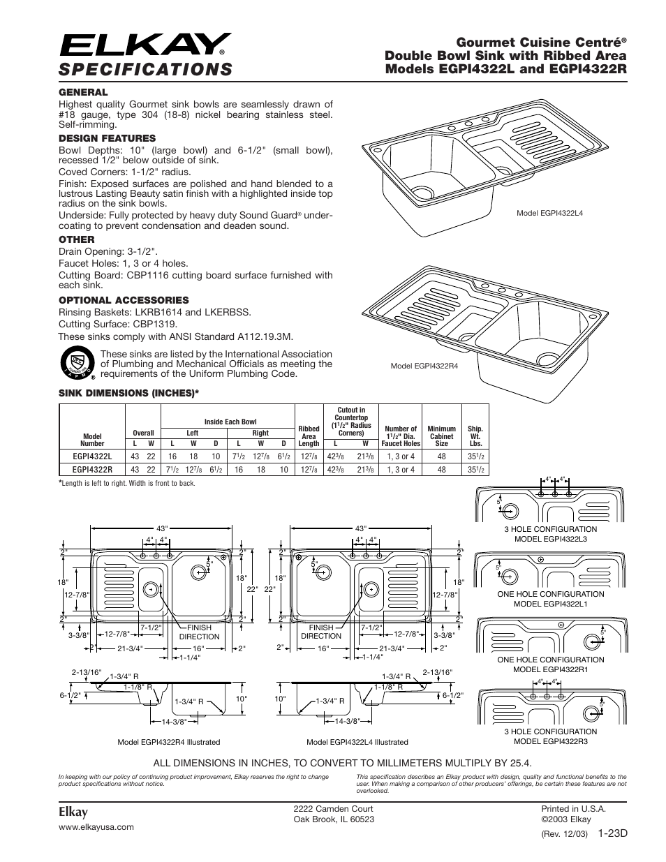 Elkay EGPI4322R User Manual | 1 page