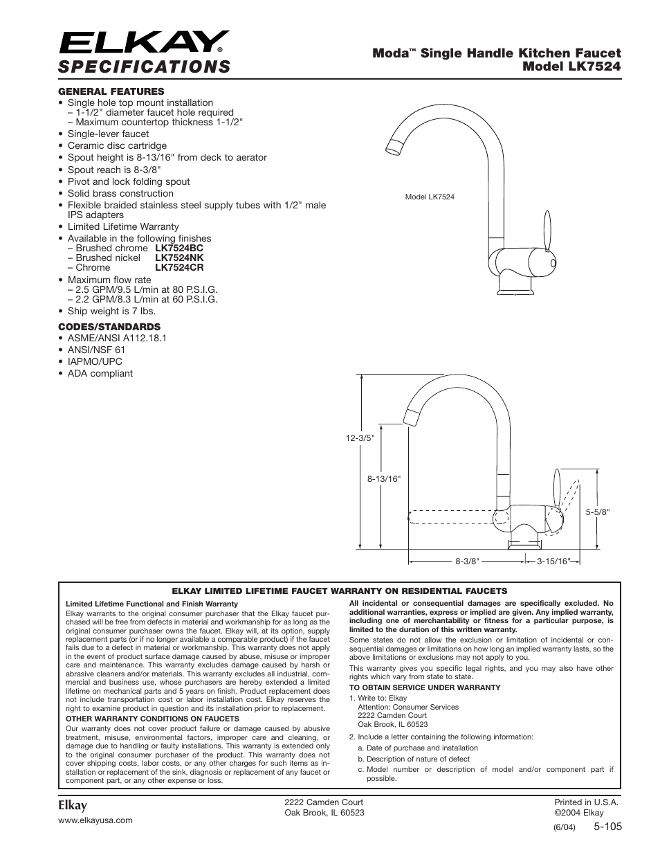 Elkay LK7524 User Manual | 1 page