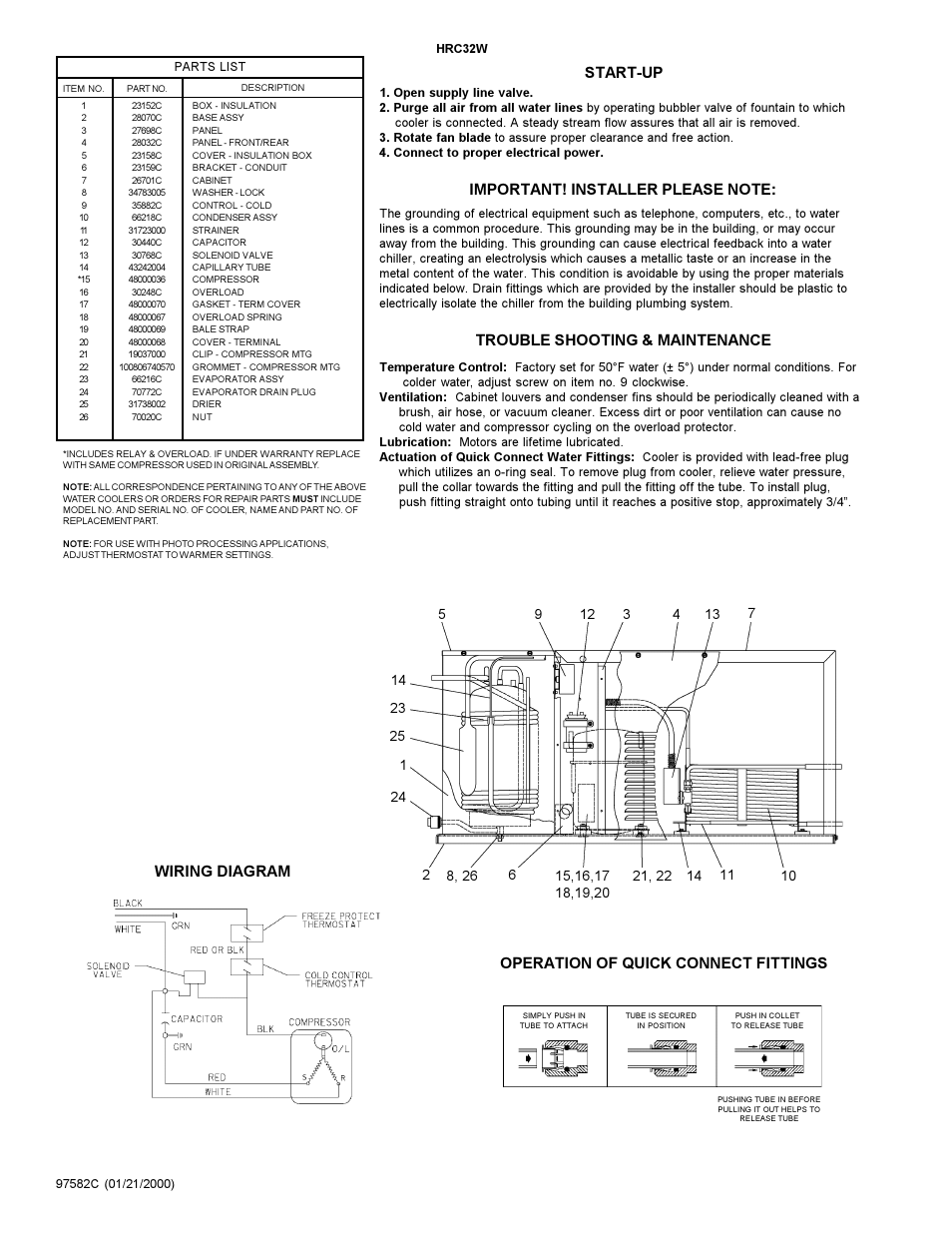 Operation of quick connect fittings wiring diagram | Elkay HRC32W User Manual | Page 2 / 2