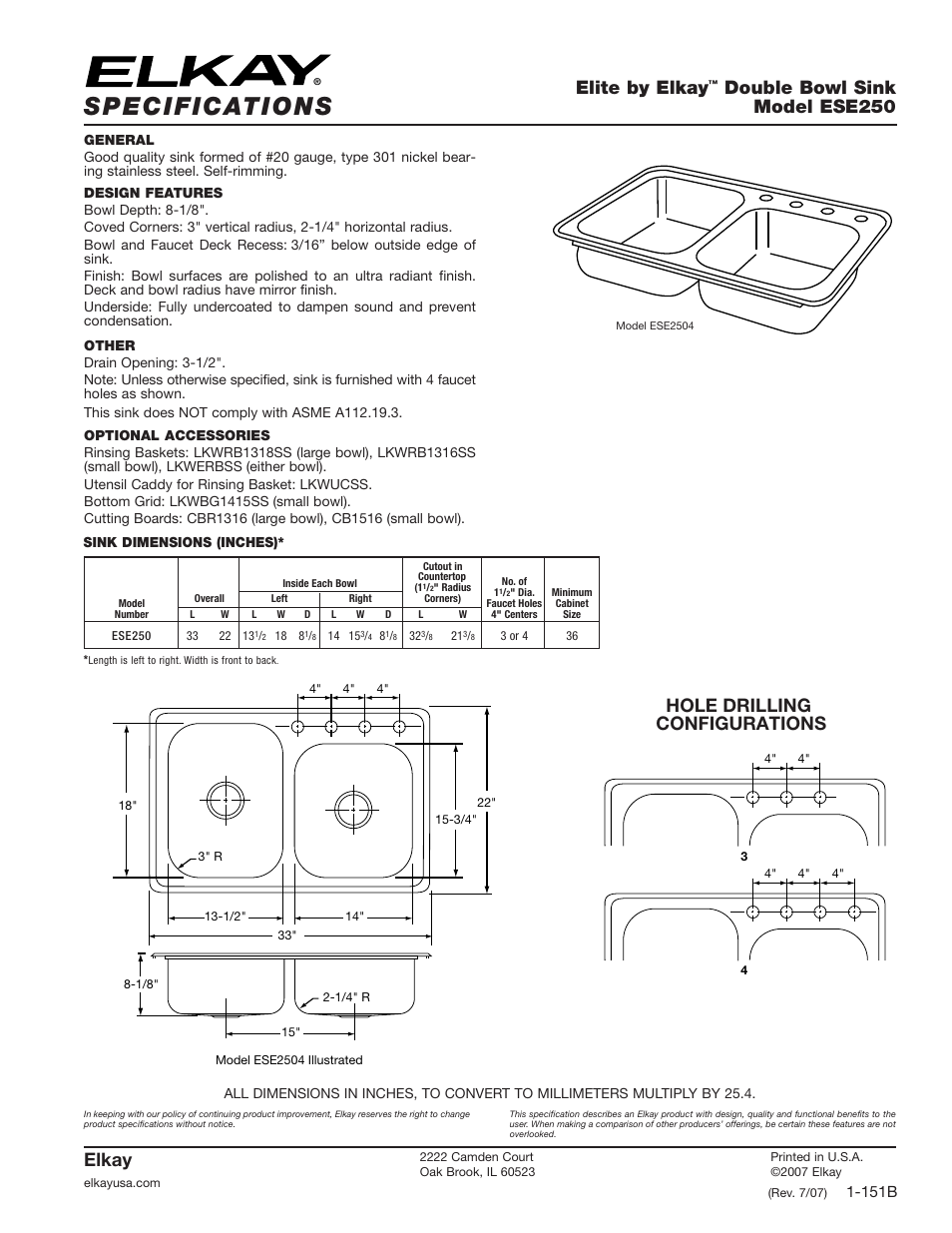 Elkay Elite ESE250 User Manual | 1 page