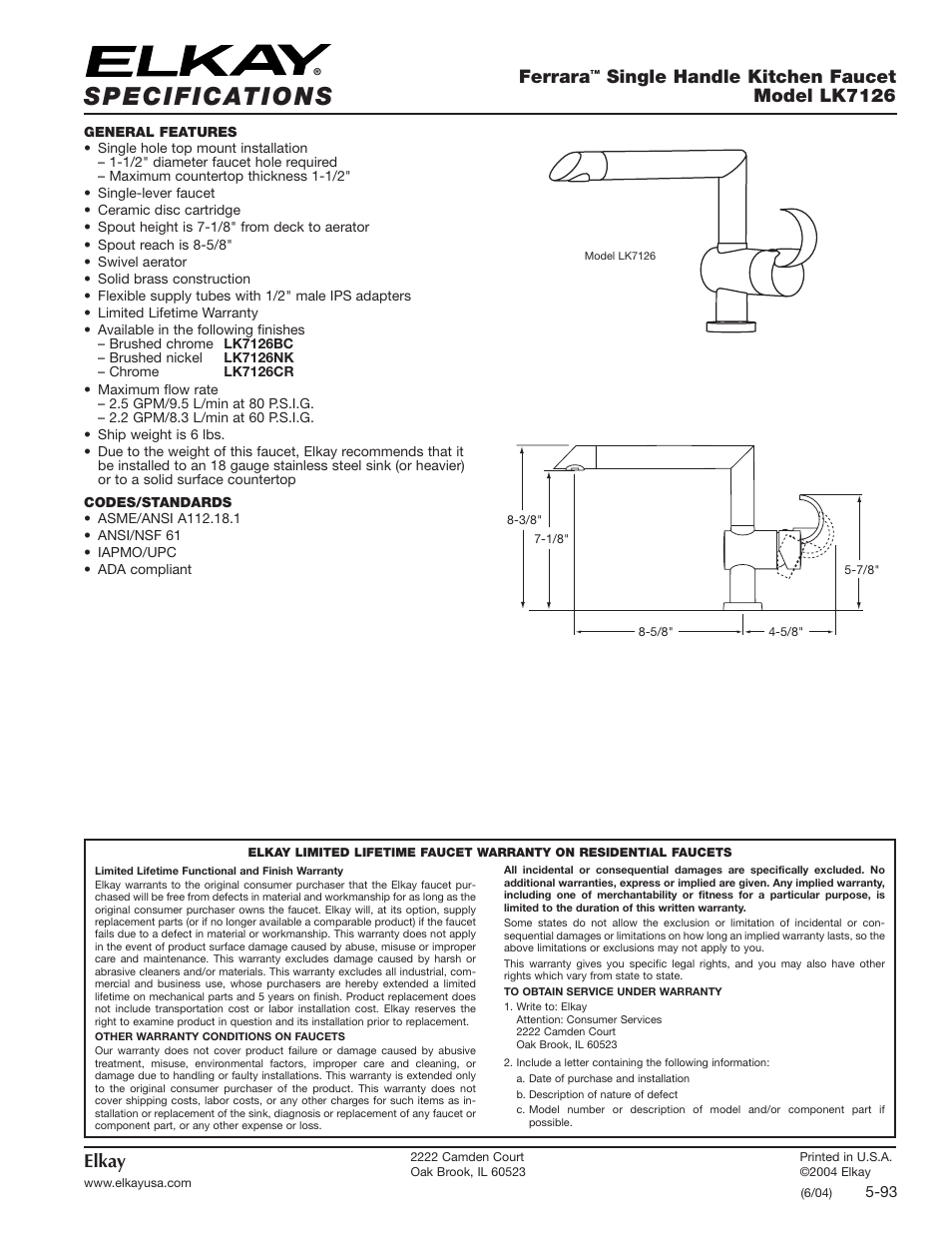 Elkay LK7126 User Manual | 1 page