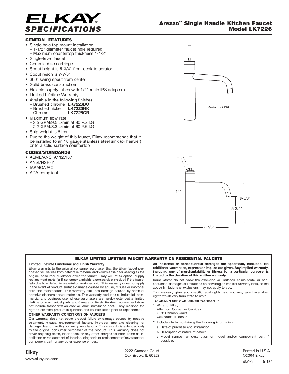Elkay Arezzo LK7226 User Manual | 1 page