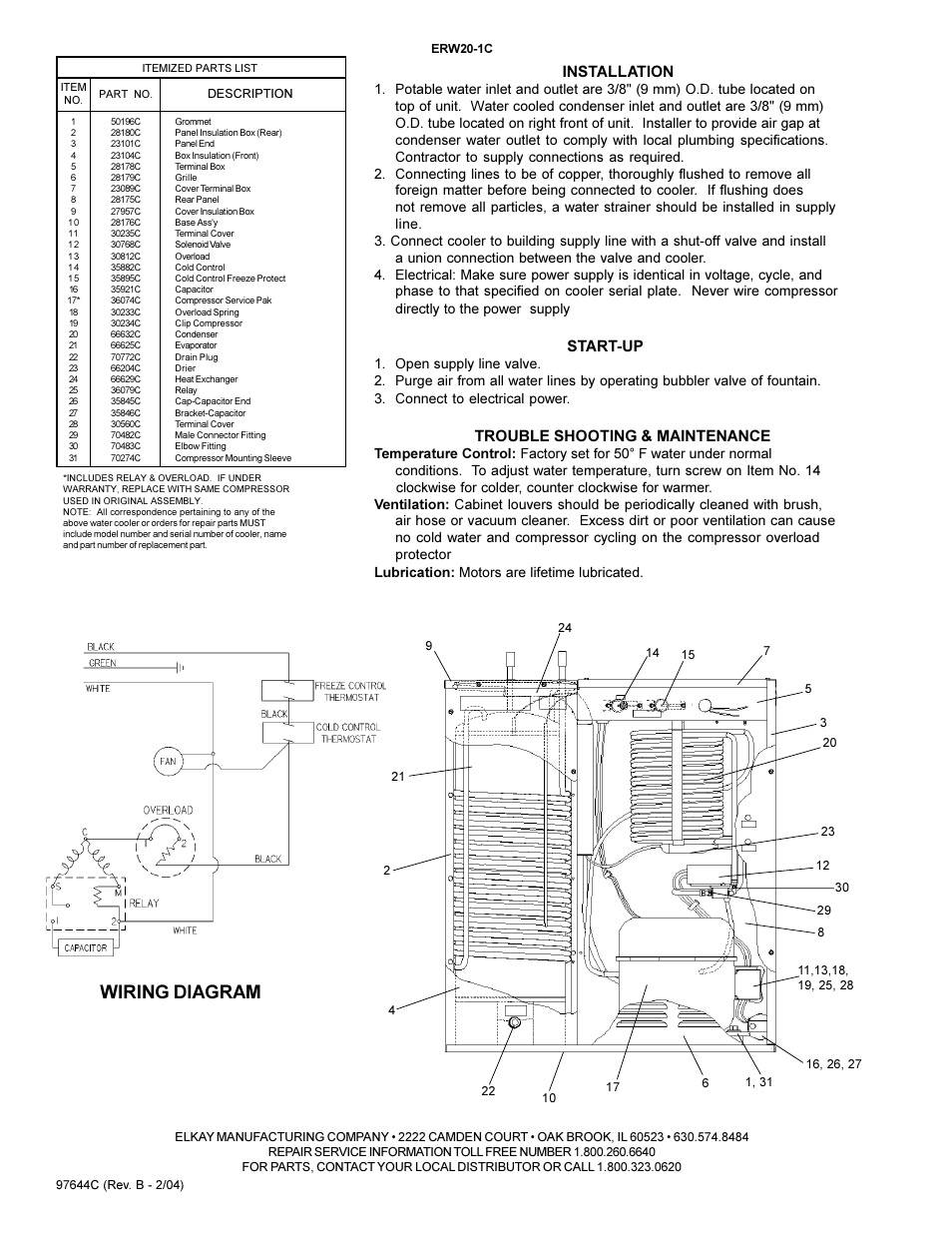 Wiring diagram, Installation, Start-up | Trouble shooting & maintenance | Elkay ERW20-1C User Manual | Page 2 / 2